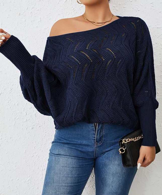 jkthpu-45 Elegant Women's Plus-Size Hollow-Shoulder Pullover - Off-Shoulder Long