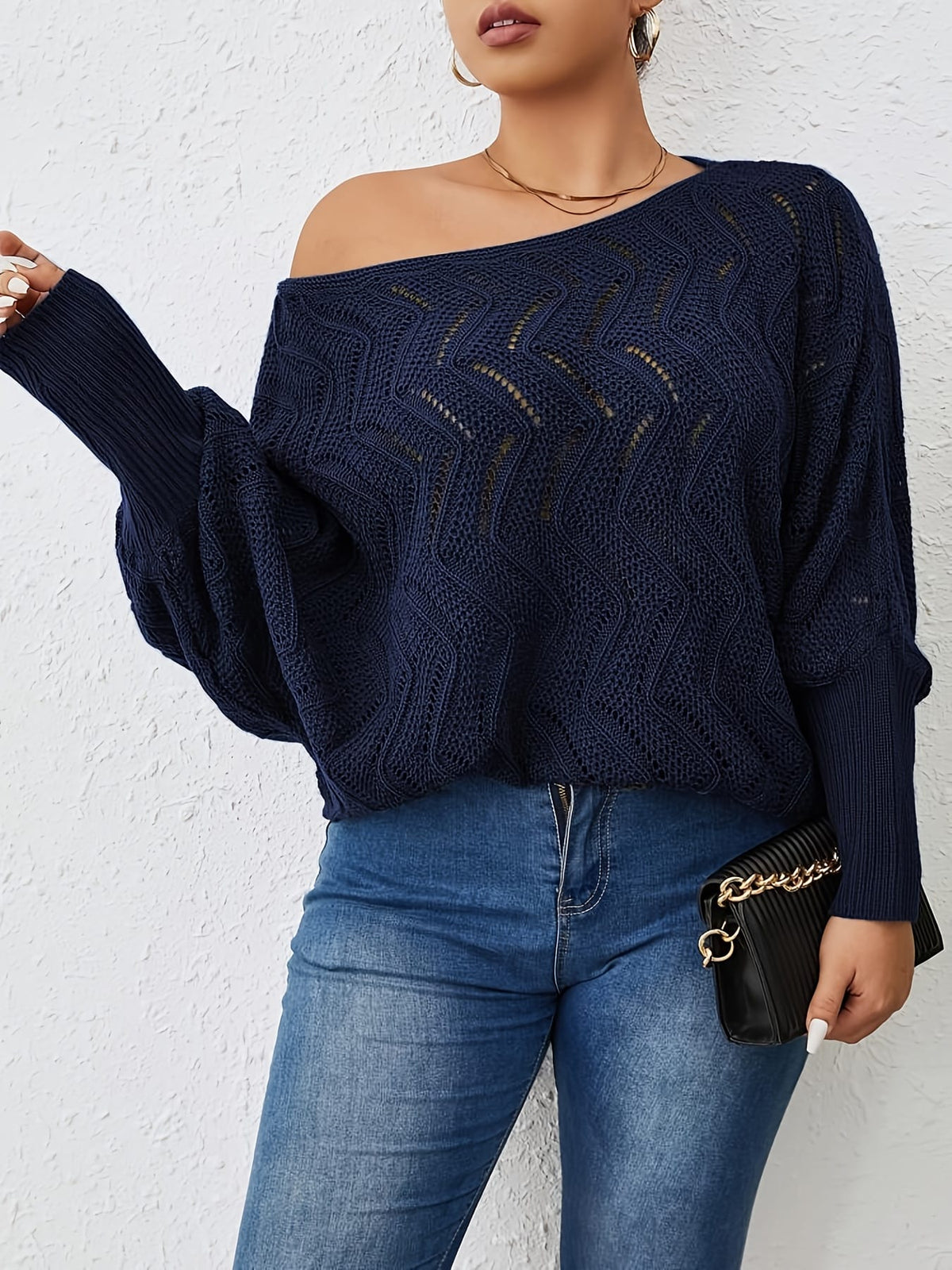 jkthpu-45 Elegant Women's Plus-Size Hollow-Shoulder Pullover - Off-Shoulder Long