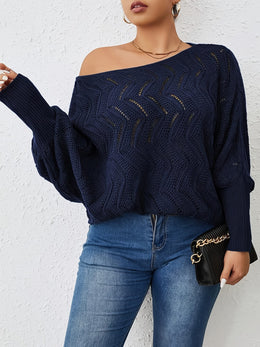 jkthpu-45 Elegant Women's Plus-Size Hollow-Shoulder Pullover - Off-Shoulder Long
