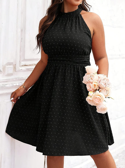jkthpu-45 Elegant Women'S Plus Size Summer Halter Neck Fitted Dress, Solid Color, Polyester, Non-Stretch, Woven, 157g/m², for Women