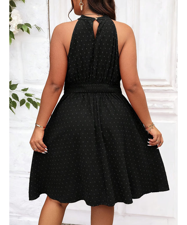 jkthpu-45 Elegant Women'S Plus Size Summer Halter Neck Fitted Dress, Solid Color, Polyester, Non-Stretch, Woven, 157g/m², for Women