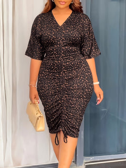 jkthpu-45 Elegant Women'S V-Neck Bodycon Dress with Drawstring Waist and Back Zipper, Full-Length Print, Ruched Detail, All-Season Midi Dress