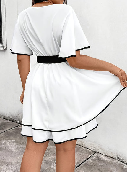 jkthpu-45 Elegant Women'S V-Neck Color Block Dress with Tie Waist - Non-Stretch, Short Sleeve, A-Line Silhouette for Spring/Summer Vacation Wear, Summer Casual Dress | Vneck Dress | Stylish Bow Detail, Beach Dress