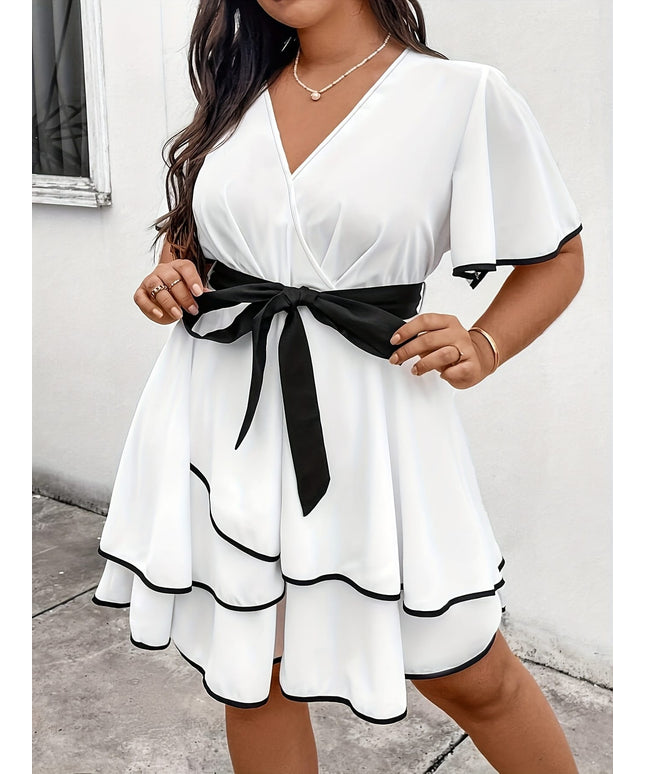 jkthpu-45 Elegant Women'S V-Neck Color Block Dress with Tie Waist - Non-Stretch, Short Sleeve, A-Line Silhouette for Spring/Summer Vacation Wear, Summer Casual Dress | Vneck Dress | Stylish Bow Detail, Beach Dress