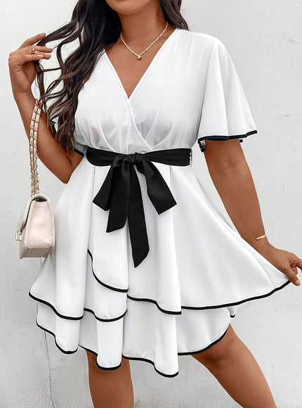 jkthpu-45 Elegant Women'S V-Neck Color Block Dress with Tie Waist - Non-Stretch, Short Sleeve, A-Line Silhouette for Spring/Summer Vacation Wear, Summer Casual Dress | Vneck Dress | Stylish Bow Detail, Beach Dress