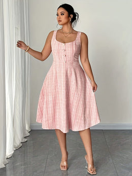 jkthpu-45 ELenzga Plus Size Women's Sleeveless Pearl Button Dress Elegant Valentine's Day