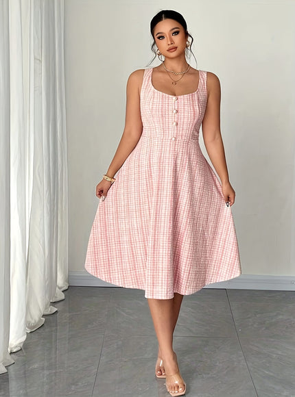 jkthpu-45 ELenzga Plus Size Women's Sleeveless Pearl Button Dress Elegant Valentine's Day