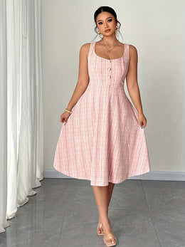 jkthpu-45 ELenzga Plus Size Women's Sleeveless Pearl Button Dress Elegant Valentine's Day