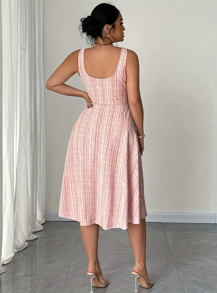 jkthpu-45 ELenzga Plus Size Women's Sleeveless Pearl Button Dress Elegant Valentine's Day