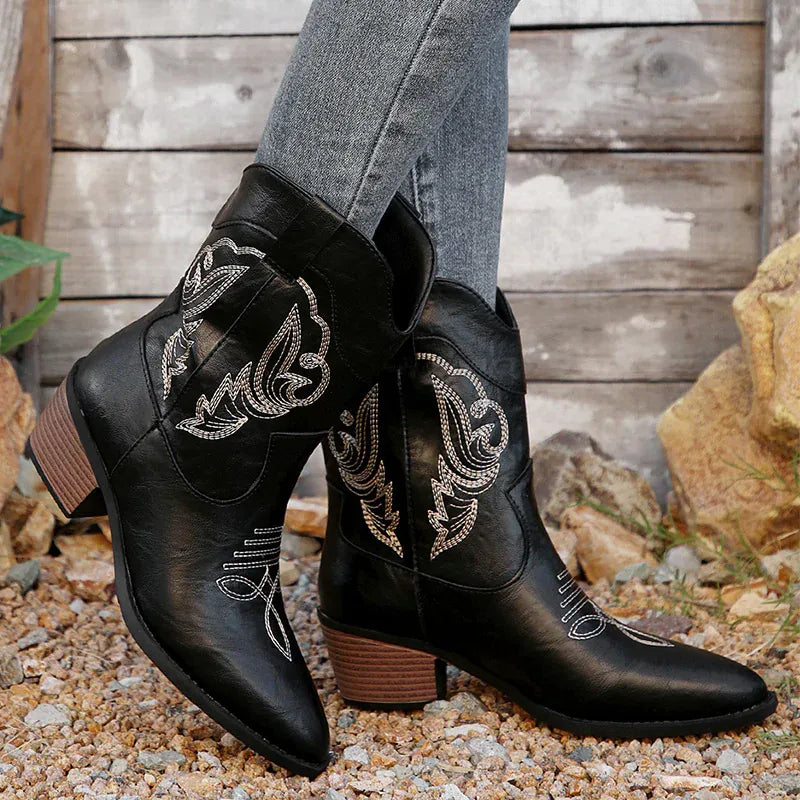 KissICON Ethnic Embroider Decor High Heel Boots for Women