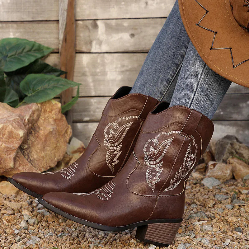 KissICON Ethnic Embroider Decor High Heel Boots for Women