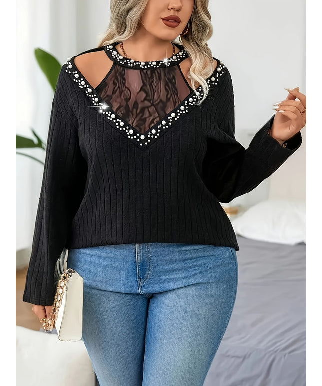 jkthpu-45 European American Lace Spliced PlusSize LongSleeve TShirt