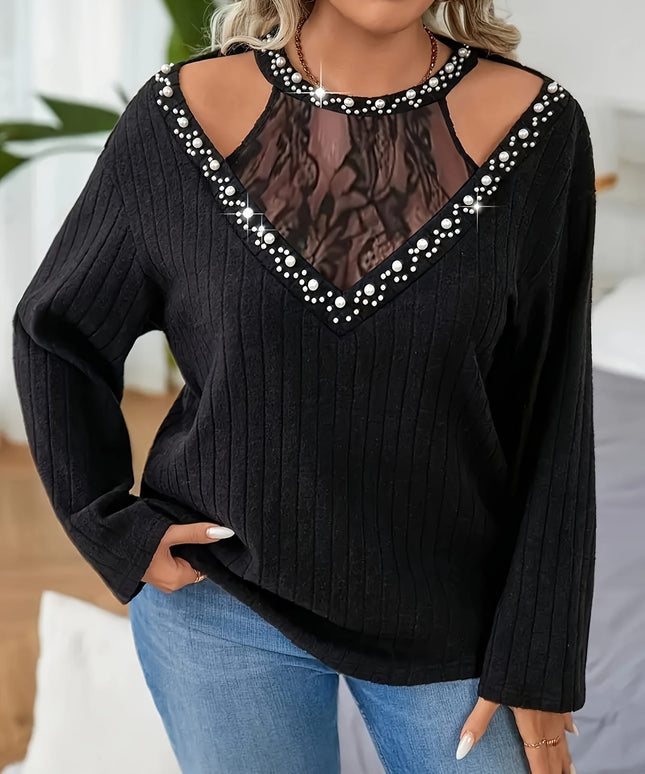 jkthpu-45 European American Lace Spliced PlusSize LongSleeve TShirt