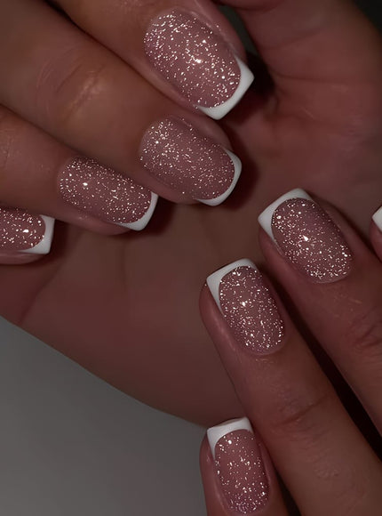 jkthpu-45 Express French Manicure Pink French Tip Glitter Press On Nails 24 Pcs