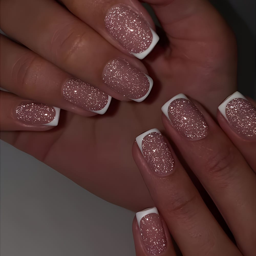 jkthpu-45 Express French Manicure Pink French Tip Glitter Press On Nails 24 Pcs