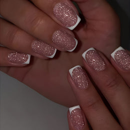 jkthpu-45 Express French Manicure Pink French Tip Glitter Press On Nails 24 Pcs