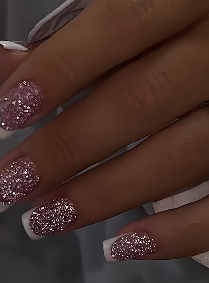 jkthpu-45 Express French Manicure Pink French Tip Glitter Press On Nails 24 Pcs