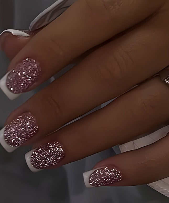 jkthpu-45 Express French Manicure Pink French Tip Glitter Press On Nails 24 Pcs