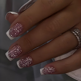 jkthpu-45 Express French Manicure Pink French Tip Glitter Press On Nails 24 Pcs