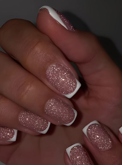 jkthpu-45 Express French Manicure Pink French Tip Glitter Press On Nails 24 Pcs