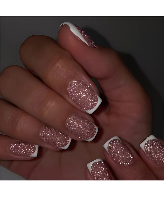 jkthpu-45 Express French Manicure Pink French Tip Glitter Press On Nails 24 Pcs