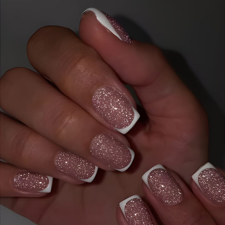 Pink French Tip Glitter Press On Nails 24 Pcs