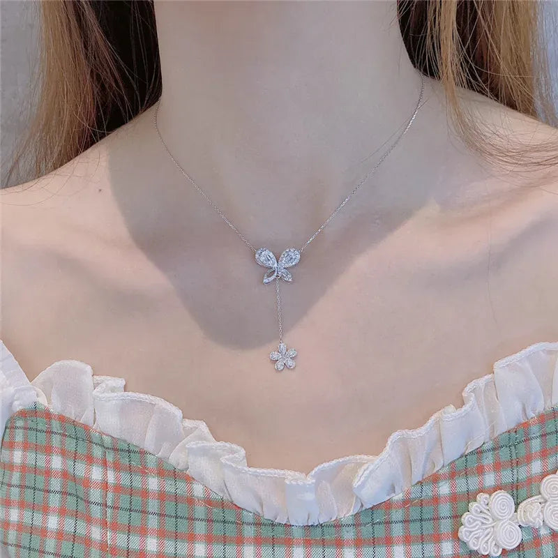 KissICON Exquisite 925 Silver Butterfly Necklace - Tassel Pendant