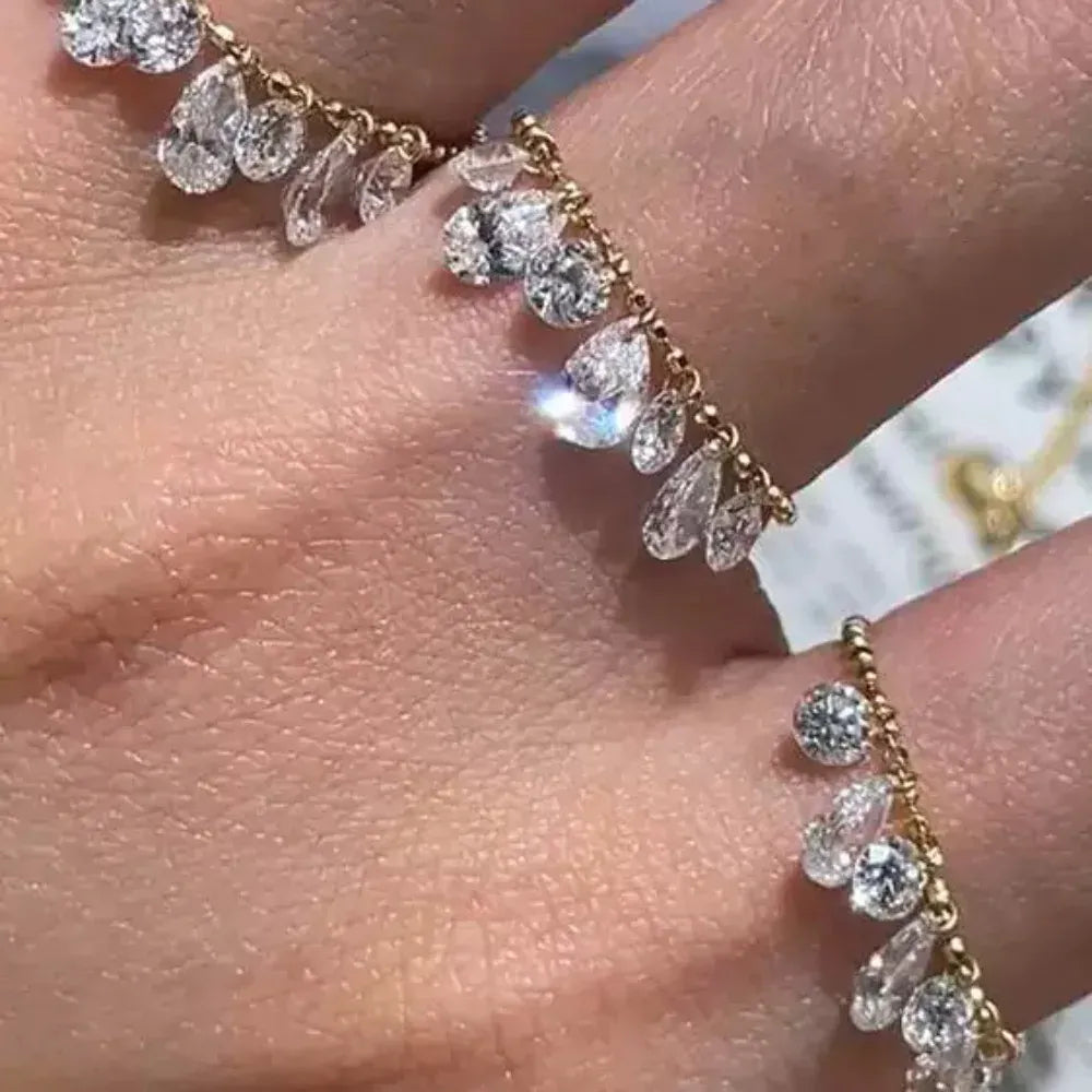 KissICON Exquisite 925 Sterling Silver Round Water Drop Zircon Tassel Ring Adjustable Pull Bead Chain Rings for Women Stackable Jewelry