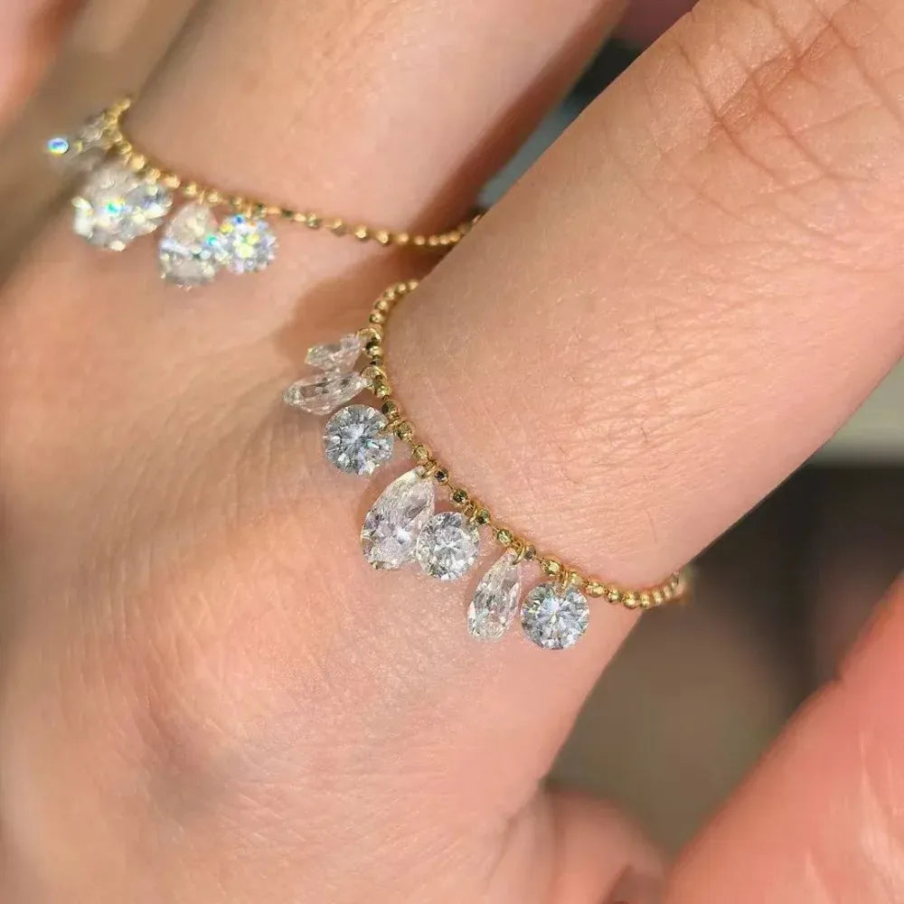 KissICON Exquisite 925 Sterling Silver Round Water Drop Zircon Tassel Ring Adjustable Pull Bead Chain Rings for Women Stackable Jewelry