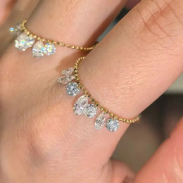 KissICON Exquisite 925 Sterling Silver Round Water Drop Zircon Tassel Ring Adjustable Pull Bead Chain Rings for Women Stackable Jewelry