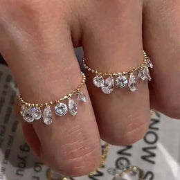 KissICON Exquisite 925 Sterling Silver Round Water Drop Zircon Tassel Ring Adjustable Pull Bead Chain Rings for Women Stackable Jewelry