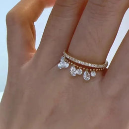 KissICON Exquisite 925 Sterling Silver Round Water Drop Zircon Tassel Ring Adjustable Pull Bead Chain Rings for Women Stackable Jewelry