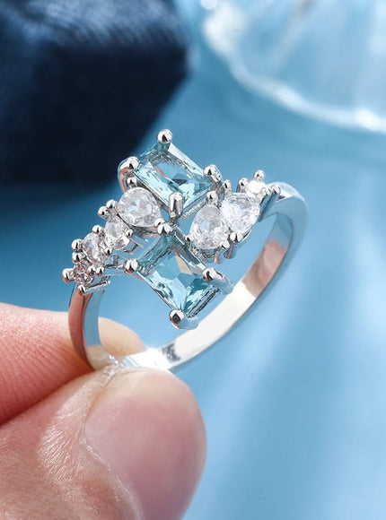 KissICON Exquisite Aquamarine Zircon Ring 925 Silver - Bridal