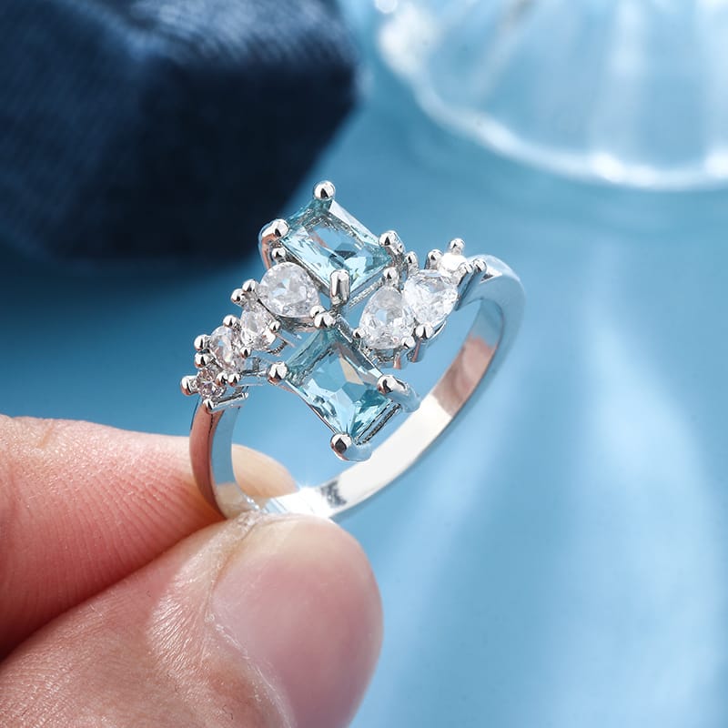 KissICON Exquisite Aquamarine Zircon Ring 925 Silver - Bridal