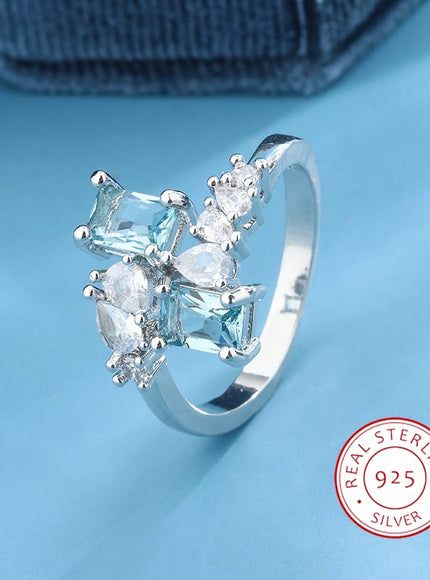 KissICON Exquisite Aquamarine Zircon Ring 925 Silver - Bridal
