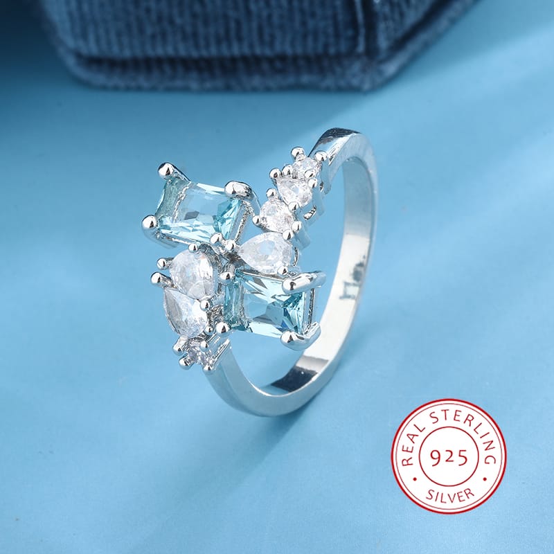 KissICON Exquisite Aquamarine Zircon Ring 925 Silver - Bridal