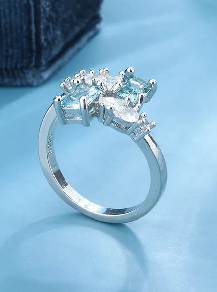 KissICON Exquisite Aquamarine Zircon Ring 925 Silver - Bridal