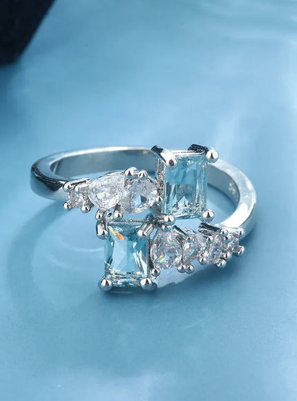KissICON Exquisite Aquamarine Zircon Ring 925 Silver - Bridal