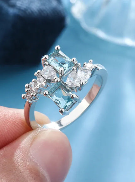 KissICON Exquisite Aquamarine Zircon Ring 925 Silver - Bridal