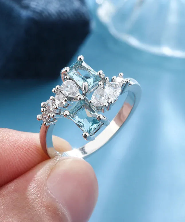 KissICON Exquisite Aquamarine Zircon Ring 925 Silver - Bridal