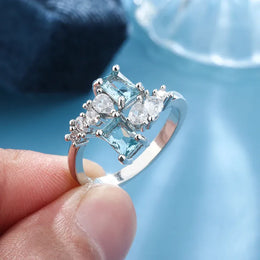 KissICON Exquisite Aquamarine Zircon Ring 925 Silver - Bridal