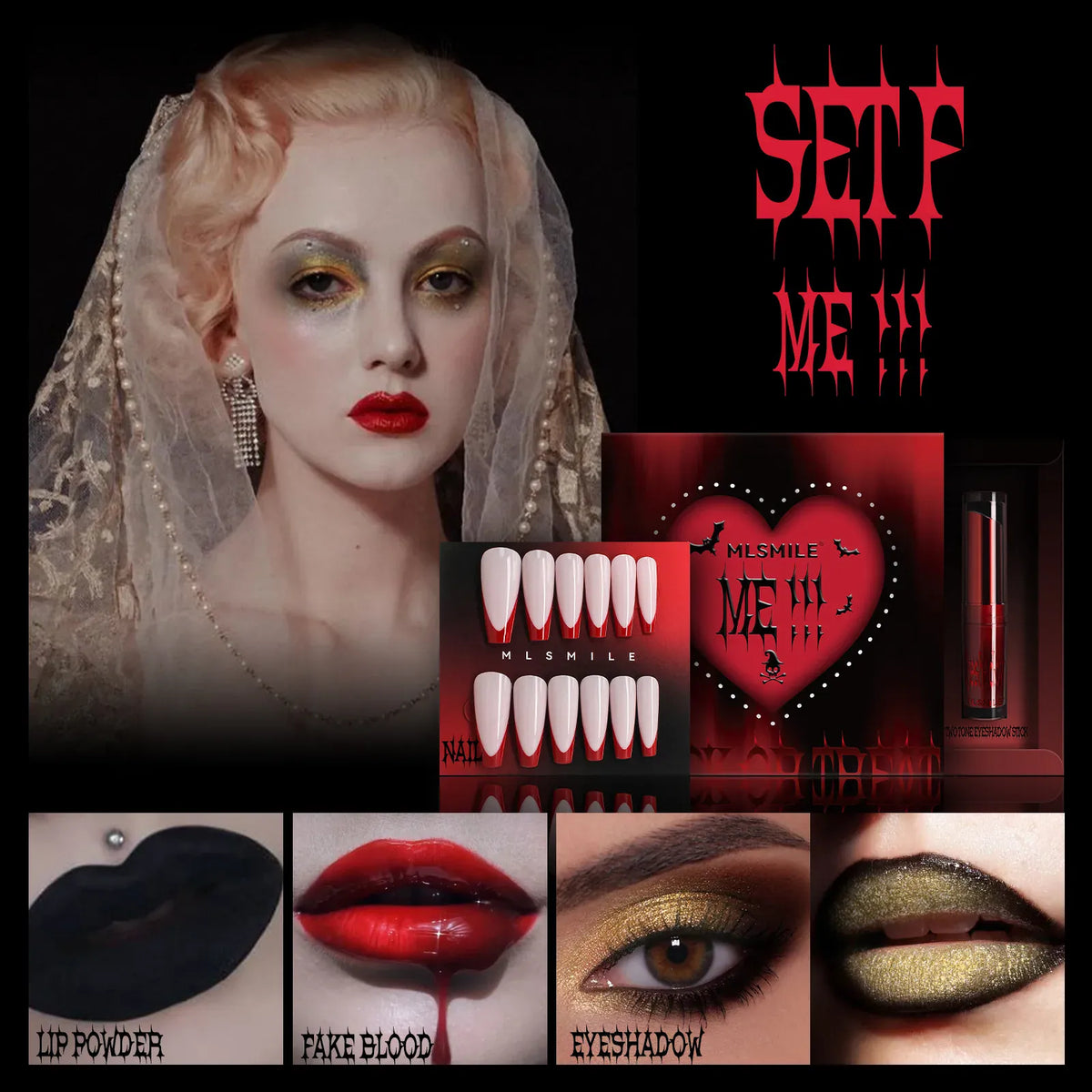 KissICON F Halloween Makeup Set Glitter Lip Glaze Fake Blood Wearing Armor 4pcs/set Festive Set Trick or Treat Cosmetics Makeup For Women