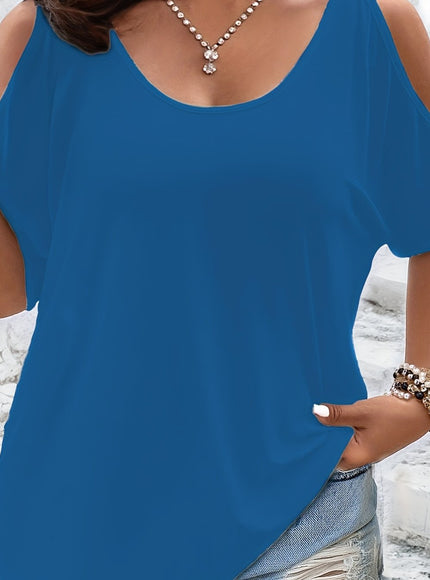 Plus Size Solid Cold Shoulder Women's Casual Crew Neck Short Sleeve T-Shirt
