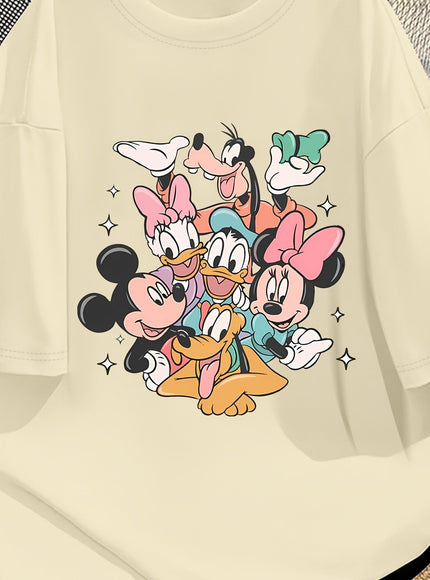 Disney Official Women's Summer New Arrival Oversized Fashionable Mickey Mouse & Friends Cartoon Print Casual Round Neck T-Shirt, Machine Washable Loose Fit Fun Design Comfort Fabric for Home and Outing Wear