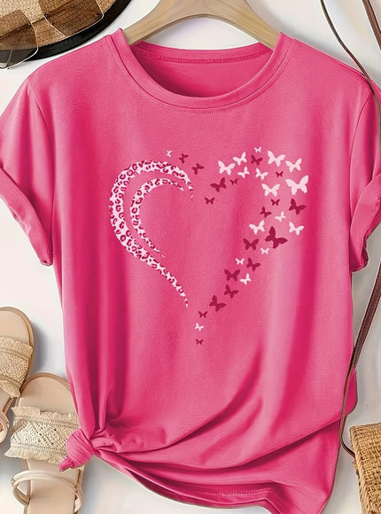 Plus Size Heart Print T-Shirt, Casual Crew Neck Short Sleeve T-Shirt, Women's Plus Size Clothing