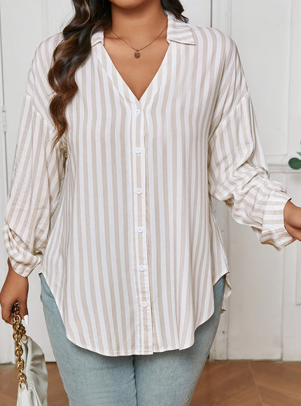 Plus Size - Plus Size - Plus Size - Elegant Plus Size Striped Long Sleeve Shirt - Chic Button-Up with Asymmetrical Hem, Drop Shoulder Design, and Ruffled Cuffs for Women, Perfect for Spring and Fall Casual Wear, Casual Wear S