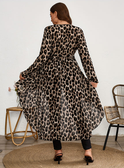 Plus Size Women's Elegant Leopard Print V-Neck Long Sleeve Blouse - Front Short Back Long Length, Semi-Sheer Lightweight Chiffon Top for Spring/Summer, Machine Washable, Chic Chiffon Blouse, Summer Fashion, Vneck Design, Leop