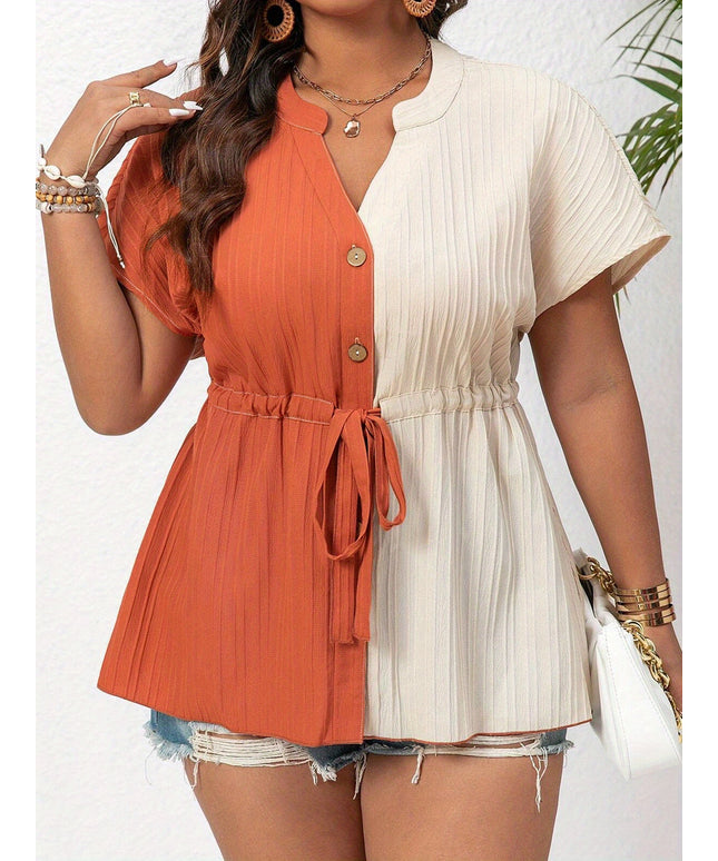 Women'S Plus-Size Elegant Color-Blocked Waist-Cinching Short-Sleeve V-Neck Work Blouse for Summer.