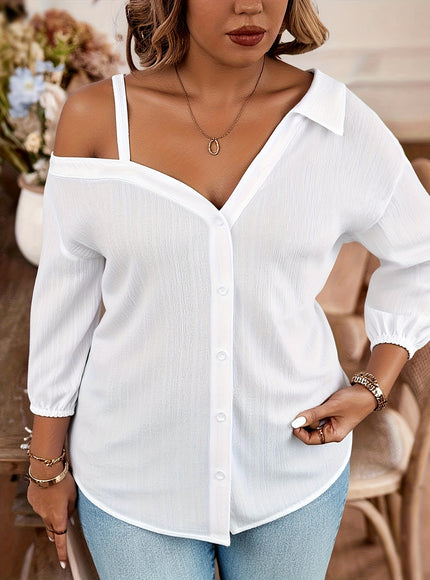 Plus Size, 2025 Autumn New Arrival Oversized Women's Loose Drop Shoulder Asymmetrical Neckline Solid White Casual Shirt, Style Top for Daily Wear and Festive Occasions