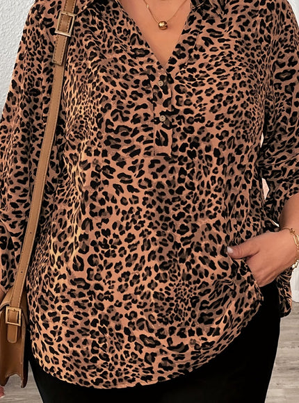 Plus Size - Women'S Elegant Leopard Print Long Sleeve Blouse - Lightweight, Button-Up Shirt with Lapel Collar, Non-Stretch Fabric, Perfect for All Seasons, Casual to Formal Wear, Casual Chic Wear | Elegant Casualwear | Nonstr